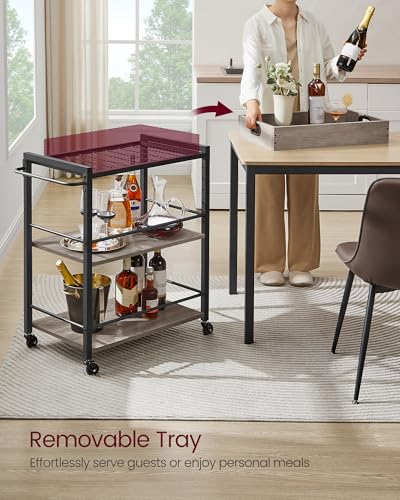 VASAGLE Kitchen Serving Cart with Removable Tray, 3-Tier Kitchen Utility Cart on Wheels with Storage, with Brakes, Leveling Feet, 15.7 x 28.3 x 33.9 Inches, Greige and Black ULRC072B02 - color: Greige + Black, size: 15.7"D x 28.3"W x 33.9"H