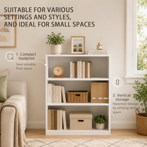 Wooden 3-Tier Bookshelf, White, 31.5" Tall | Adjustable, Open Storage Shelf Unit - color: White, size: 3-Tier