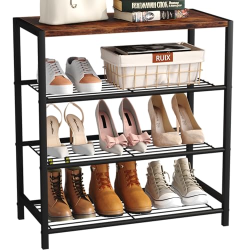 Yusong Shoe Rack Organizer, 4 Tier Industrial Shoe Storage Shelf, Narrow Sturdy Metal Shoe Shelves for Closet Entryway, Rustic Brown - color: Rustic Brown, size: 4 Tier