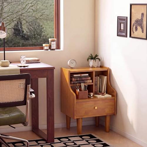 Solid Wood Nightstand with Drawers, Bookshelf Nightstand, Mid Century Modern Nightstands, Small Wood Night Stand with Open Shelf, Wooden End Side Table with Storage for Bedroom, Living Room (Walnut) - style: Bookshelf Nightstand
