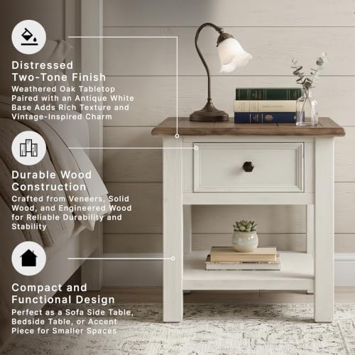 Signature Design by Ashley Bolanburg End Table for Living Room, Two-Tone Distressed Wood Side Table with Smooth-Gliding Drawer, Farmhouse Plank-Style Top, Ideal Night Stand Use, Antique White/Oak - color: Whitewash