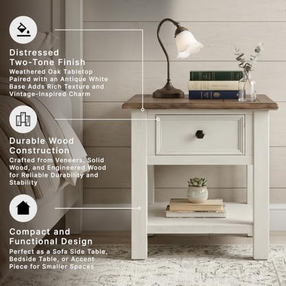 Signature Design by Ashley Bolanburg End Table for Living Room, Two-Tone Distressed Wood Side Table with Smooth-Gliding Drawer, Farmhouse Plank-Style Top, Ideal Night Stand Use, Antique White/Oak - color: Whitewash