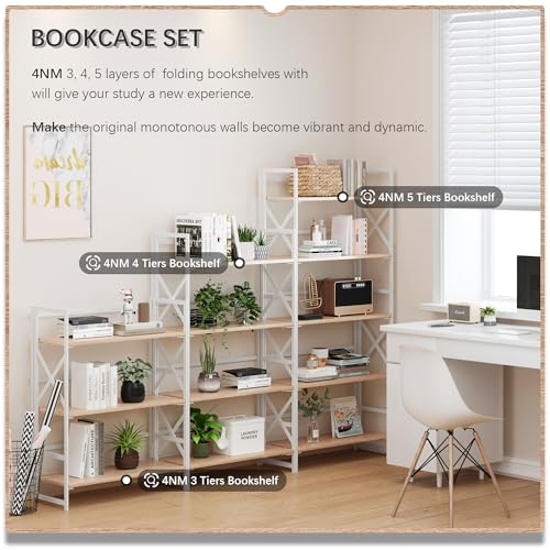 4NM 5 Tiers No Assembly Book Shelves, 51.2" H Folding Bookshelf Bookcase Open Industrial Foldable Shelves for Bedroom, Living Room, Home Office - Natural White - color: Natural White, size: XX 5-Tier