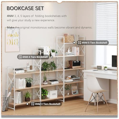 4NM 5 Tiers No Assembly Book Shelves, 51.2" H Folding Bookshelf Bookcase Open Industrial Foldable Shelves for Bedroom, Living Room, Home Office - Natural White - color: Natural White, size: XX 5-Tier