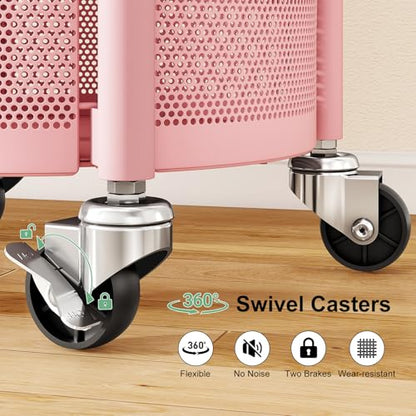 SAYZH Fruit Vegetable Basket for Kitchen, Rotating Storage Rack, 5 Tier Rolling Cart with top lid, Large Metal Wire Wheels, Pink - color: Pink