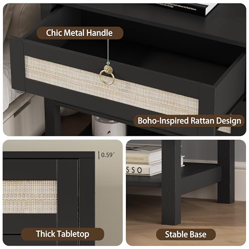 Xixini Rattan Nightstand with 2 Drawers and Open Shelf, 27" Wide Boho Bedside Table with Brass Knobs, Mid-Century Modern Wooden End Table for Bedroom, Black - color: Black