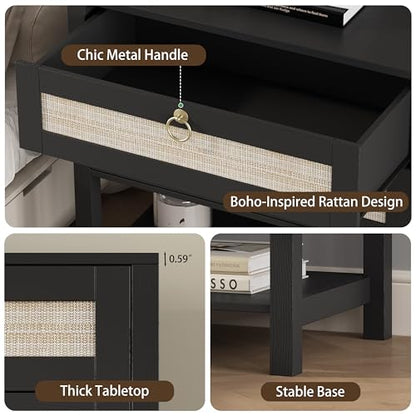 Xixini Rattan Nightstand with 2 Drawers and Open Shelf, 27" Wide Boho Bedside Table with Brass Knobs, Mid-Century Modern Wooden End Table for Bedroom, Black - color: Black