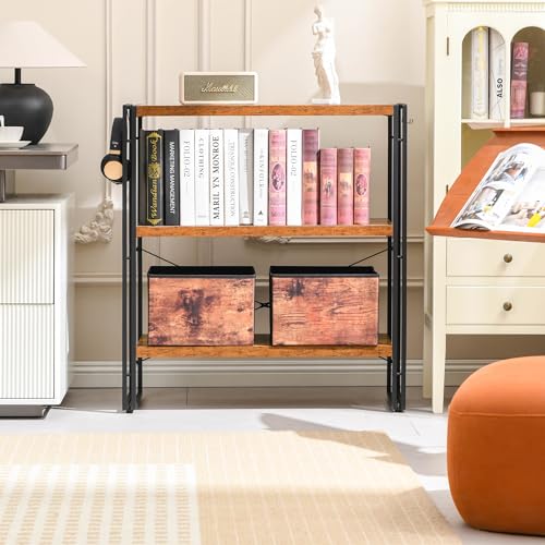 HCHQHS Bookshelf, 3-Tier Industrial Bookcase, Rustic Open Book Shelf, Freestanding Horizontal Bookshelves with Metal Frame - color: Rustic Brown, size: 3-Tier (31.5"W x 33.5"H)