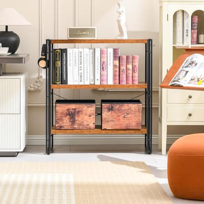 HCHQHS Bookshelf, 3-Tier Industrial Bookcase, Rustic Open Book Shelf, Freestanding Horizontal Bookshelves with Metal Frame - color: Rustic Brown, size: 3-Tier (31.5"W x 33.5"H)