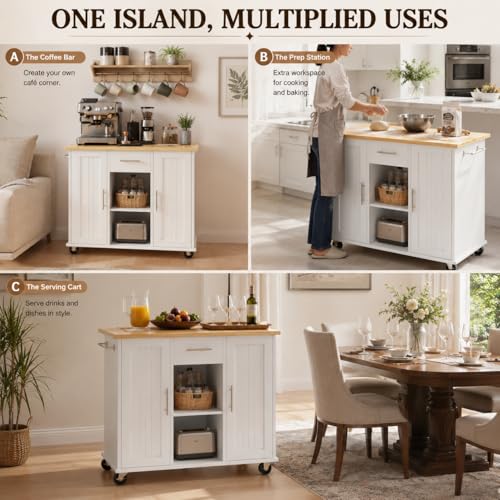 SUNLEI Island Table for Kitchen with Storage, Portable Kitchen Island Cart with Drop Leaf, Rolling Kitchen Island Table with Drawer, Cabinet & Towel Rack, Farmhouse Kitchen Island, White - style: White