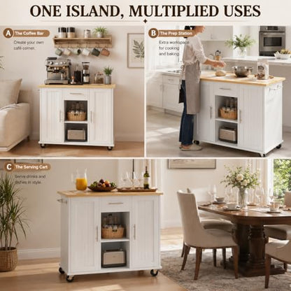 SUNLEI Island Table for Kitchen with Storage, Portable Kitchen Island Cart with Drop Leaf, Rolling Kitchen Island Table with Drawer, Cabinet & Towel Rack, Farmhouse Kitchen Island, White - style: White