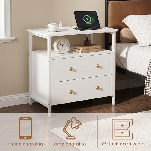 Edbuosy 27 inch Wide Night Stand with Charging Station, Bedside Table with Open Shelf, 2 Drawers Small Wood Dresser, Modern Wood Nightstand for Bedroom/Living Room, White - color: White, size: 27"W-2 Drawers