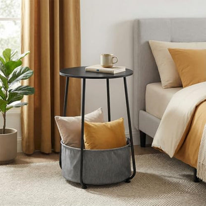Modern Round Side End Table with Fabric Storage Basket, Matte White and Camel Brown, Contemporary Nightstand (Black) - color: Black