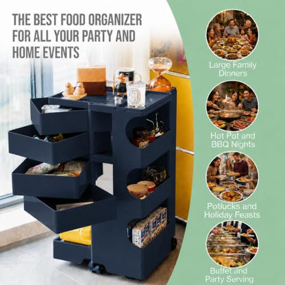 Rolling All-in-1 Utility Cart w Drawers for Arts and Craft + Designer Homes | 4 Swing-out Drawers + Open Shelves + Rolling Wheels For Kitchens, Salons, Home Offices, Hot Pot + Kids Rooms Dark Navy Blue - color: Navy Blue