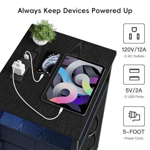Fixwal Night Stand with 3 Fabric Storage Drawers, LED Nightstand with Charging Station, Bedside Table, Black - color: Black, size: 27.6"H (3 drawers), style: Power+Light (1pc)