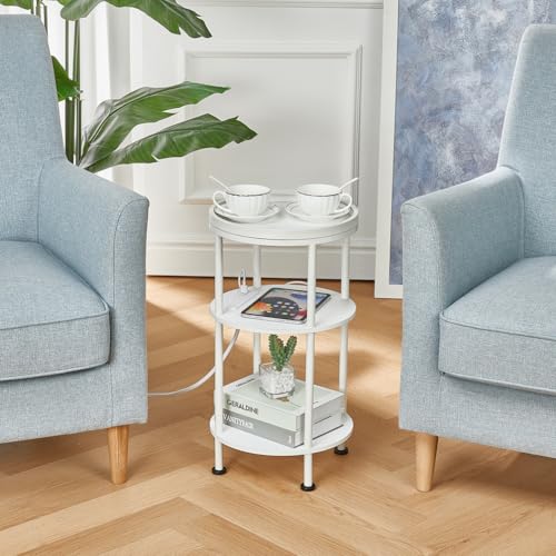 Small Round End Table with Charging Station, 3-Tier Accent Couch Beside Table with USB Ports & Power Outlets, Sofa Side Table for Living Room Small Nightstand Bedroom (USB Charger, White) - color: White, style: USB Charger