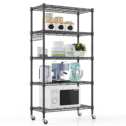 Himimi 5-Tier Storage Shelf Wire Shelving Unit on Wheels Heavy Duty Metal Shelves Adjustable Steel Rack Organization for Kitchen Garage Basement, Black - color: Black, size: 13.78"D x 29.92"W x 62.20"H, 5-Tier