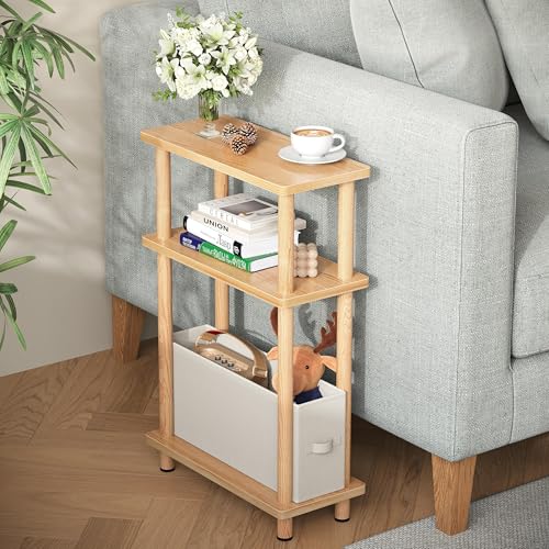 Apicizon Small Narrow Side Table, 3-Tier Skinny End Table for Small Spaces, Slim Nightstand with Fabric Basket, Bedside Table for Living Room, Bedroom, Natural - color: Natural, style: Narrow Side Table with Basket