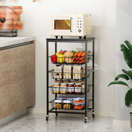 Snack Cart, 5-Tier Kitchen Carts on Wheels with Storage,Fruit Basket Stand with Pull-Out Baskets and Wood Top,Kitchen Organizer for Fruit Vegetable Snack (Black) - color: Black