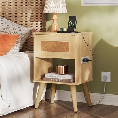 WLIVE Rattan Nightstands Set of 2 with Charging Station, Boho Nightstand, Wood Side Table, Small End Table with Drawers for Bedroom, Natural Oak - color: Natural Oak+1 Drawers+2pcs, style: Bohemian