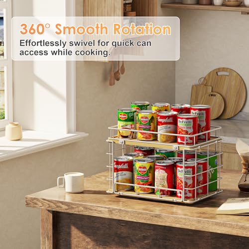 360° Lazy Susan Can Organizer, 2-Tier Rotating Metal Wire Wood Can Rack Holder, Kitchen Pantry Cabinet Countertop Turntable Storage Shelf, Hold 26 Soda Cans Food Beverage Cans Organizer, White - color: White