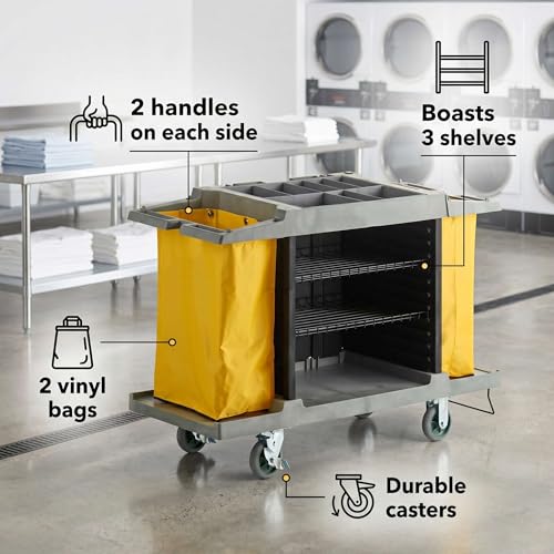 59” x 21” x 38” 3-Shelf Multifunctional Housekeeping Cart - Commercial Hotel Cart with 2 Vinyl Bags, 8 Top Compartments, Vacuum Bracket, Locking Casters for Janitorial and Room Service Use - 132 lb - size: Medium (3 Shelf)