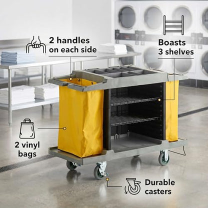 59” x 21” x 38” 3-Shelf Multifunctional Housekeeping Cart - Commercial Hotel Cart with 2 Vinyl Bags, 8 Top Compartments, Vacuum Bracket, Locking Casters for Janitorial and Room Service Use - 132 lb - size: Medium (3 Shelf)