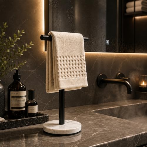Hand Towel Holder, 15 Inch T-Shape Freestanding Towel Rack Stand for Bathroom & Kitchen Countertop with Matte Black Finish and Marble Base - color: Matte Black