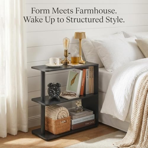 3-Tier Narrow End Table, Industrial Slim Side Table for Small Spaces, Sofa Couch Table Accent Nightstand with Storage Shelves for Living Room, Bedroom, 22.5" L x 10" W x 21.5" H, Black - color: Black