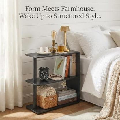 3-Tier Narrow End Table, Industrial Slim Side Table for Small Spaces, Sofa Couch Table Accent Nightstand with Storage Shelves for Living Room, Bedroom, 22.5" L x 10" W x 21.5" H, Black - color: Black