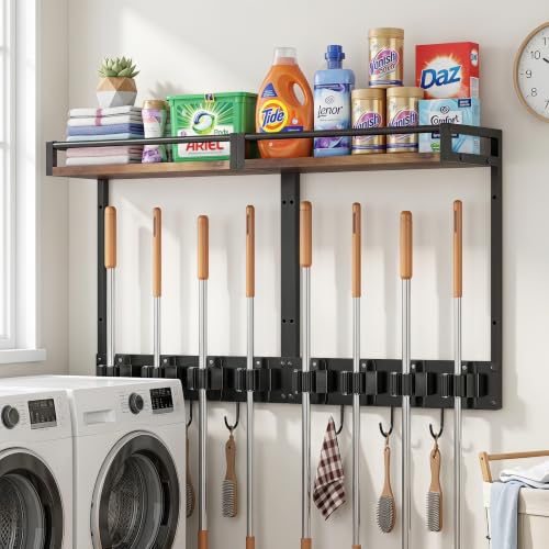 Broom Holder Wall Mount with Shelf, 15.7" Wx6.7 Dx15.7 H, 2 Packs | Load 66LBS, 4 Mop Hanger Grippers, 3 Hooks, for Laundry Room, Garage, Utility Closet, Kitchen - style: 2 Packs
