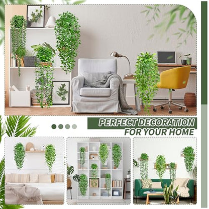 Palonu 4 Pack Faux Artificial Hanging Plants, UV Resistant Fake Potted Greenery with Eucalyptus Vine, Mandala, Pea Pod Leaves & String of Pearls in Pots for Living Room Bathroom Indoor Outdoor Décor