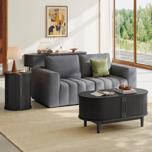 LINSY HOME Round Fluted End Table, Tall Side Table with Sliding Tambour Door and Storage Shelf, Mid Century Modern Nightstand for Living Room, Bedroom, Black - color: Black