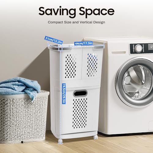 2-Tier Rolling Laundry Hampers, Space-Saving Removable Clothes Hamper Organizer, Modern Grey/White Rolling Storage Cart for Bedroom, Laundry Room, Bathroom