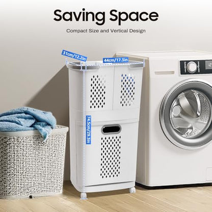 2-Tier Rolling Laundry Hampers, Space-Saving Removable Clothes Hamper Organizer, Modern Grey/White Rolling Storage Cart for Bedroom, Laundry Room, Bathroom