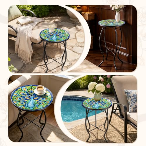 MUMTOP Outdoor Side Table - Small Mosaic Patio Tables, 14” Round Accent End Coffee Glass Plant Stand for Garden Living Room(Peacock) - color: G-peacock