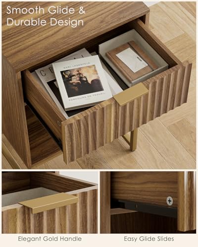 Masupu Fluted Nightstand,Modern Night Stand Wood Bedside Table with Storage Drawer Side End Table for Bedroom,Office,Walnut Brown - color: Walnut Brown