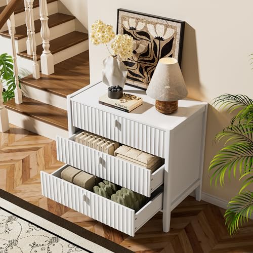 Furniway Nightstand Set of 2, Modern End Table with Solid Wood Legs, Bedside Table with 3 Drawers and Metal Handles for Bedroom, White - color: White, size: 17.7"D x 31.5"W x 29.5"H (2 Piece)