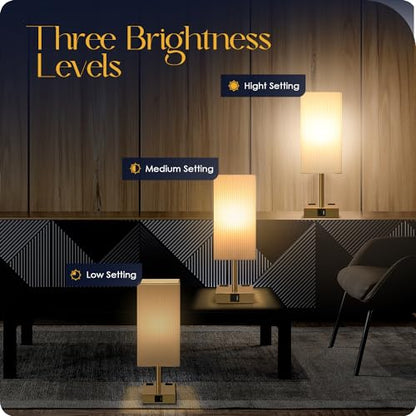 Set of 2 Bedside Table Lamp 3 Way Dimmable Nightstand Lamp with USB C & USB A Charging Port, 2 AC Outlets, 3000K LED Bulbs (Pleate) - color: Pleated