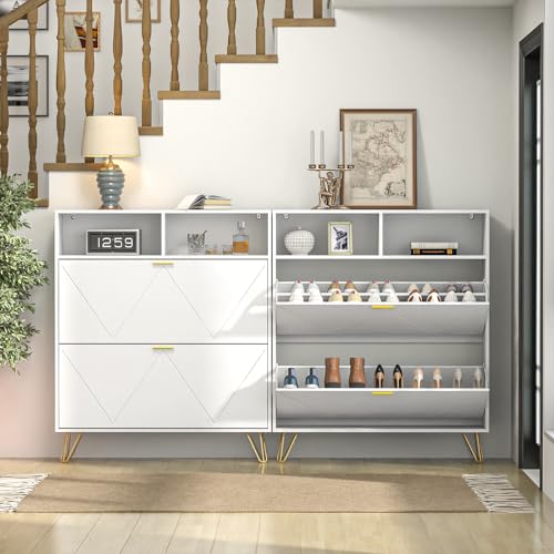 JOZZBY Large Shoe Cabinet for Entryway, 46'' Tall Narrow Shoe Storage Cabinet with 2 Flip Drawers and Open Shelves, White Freestanding Shoe Organizer for Hallway, Living Room - size: Smooth