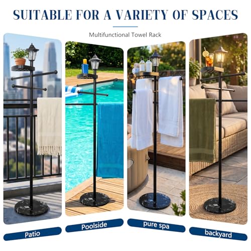 Pool Towel Rack Outdoor with Solar Light, 64" Heavy Duty Pool Towel Holder with Weighted Marble Base, 3-Tier Freestanding Outdoor Towel Rack with Storage Tray for Pool, Hot Tub, Backyard