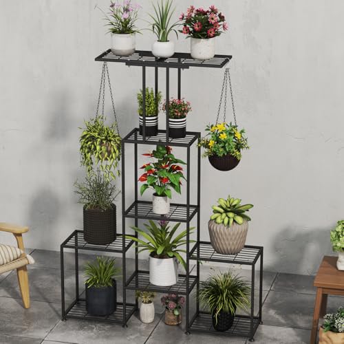 Plant Stand Indoor Outdoor, Metal 6 Tier Tall Hanging Plant Shelf for Multiple Flower Planter Large Heavy Duty Ladder Plant Holder for Garden, Black (y-202) - size: y-202