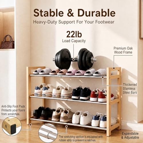 Shoe Rack Wooden, Oak Expandable Shoe Organizer, 3-Tier Stainless Steel Shoe Shelf, 17.7“-31.4” Shoe Storage 6-12 Pairs, for Closet, Garage, Narrow Spaces, Entryway, Door Entrance