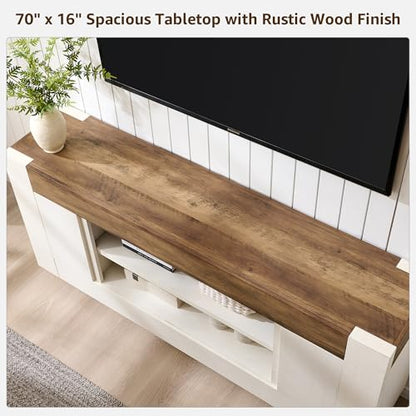 OKD Modern 70" TV Stand, Entertainment Center for TVs Up to 80", Media Console with Large Open Storage & Side Cabinets, Thick Wood Design for Living Room, Antique White - color: Antique White