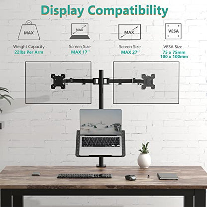 WALI Triple Arm Laptop and Dual Monitor Desk Mount for 17" Notebook and Up to 27" Screens, Extra Tall Adjustable Monitor Stand with Laptop Tray, VESA 75x75 100x100, Black (M002XLLP) - size: Triple, style: Adjustable Desk Mount
