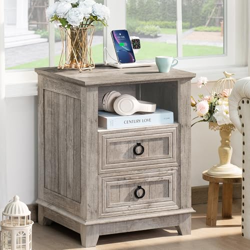 Joaxswe 18" Farmhouse Night Stand with Charging Station, 2 Drawers End Table Dresser for Bedroom, Oak Wooden Nightstand, Bed Side Table with Open Shelf, Bedside Cabinet for Living Room, Closet - color: Oak Set 1, size: 2 Drawers