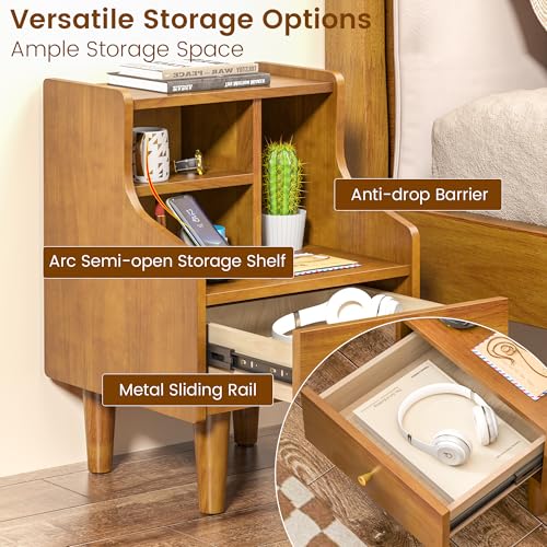 Solid Wood Nightstand with Drawers, Bookshelf Nightstand, Mid Century Modern Nightstands, Small Wood Night Stand with Open Shelf, Wooden End Side Table with Storage for Bedroom, Living Room (Walnut) - style: Bookshelf Nightstand