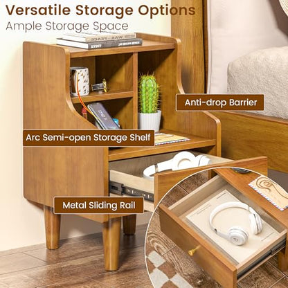 Solid Wood Nightstand with Drawers, Bookshelf Nightstand, Mid Century Modern Nightstands, Small Wood Night Stand with Open Shelf, Wooden End Side Table with Storage for Bedroom, Living Room (Walnut) - style: Bookshelf Nightstand