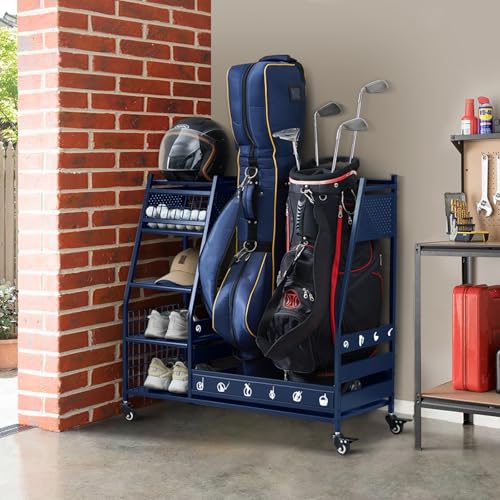 Lauren&Harold Golf Bag Organizer Garage Storage, Golf Storage Rack Stand Fits 2 Golf Bags, Golf Clubs and Other Golfing Equipment Accessories, Golf Organizer for Garage, Club, Shed, Basement - color: Blue, size: Middle