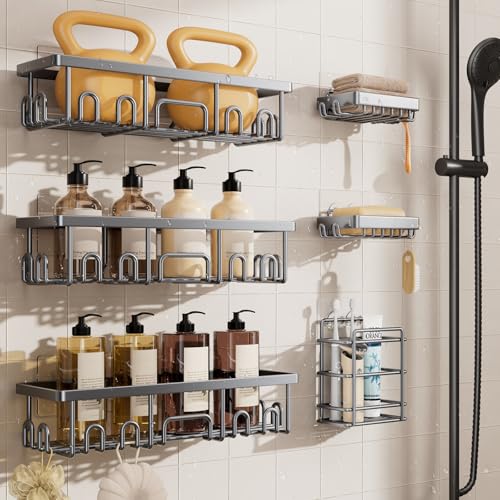 Veken Shower Caddy 6-Pack, No Drilling & Rustproof, Waterproof Adhesive Shelves Rack with Soap Holder, Large Capacity Bathroom Organizers and Storage, Wall-Mounted Kitchen & Home Decor, Silver Gray - color: Bright Silver